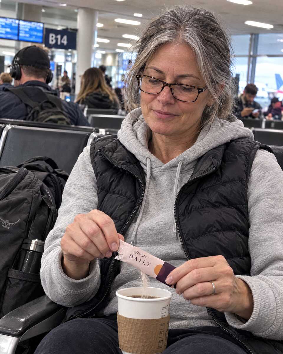Woman at an airport café pouring a stick pack into her coffee