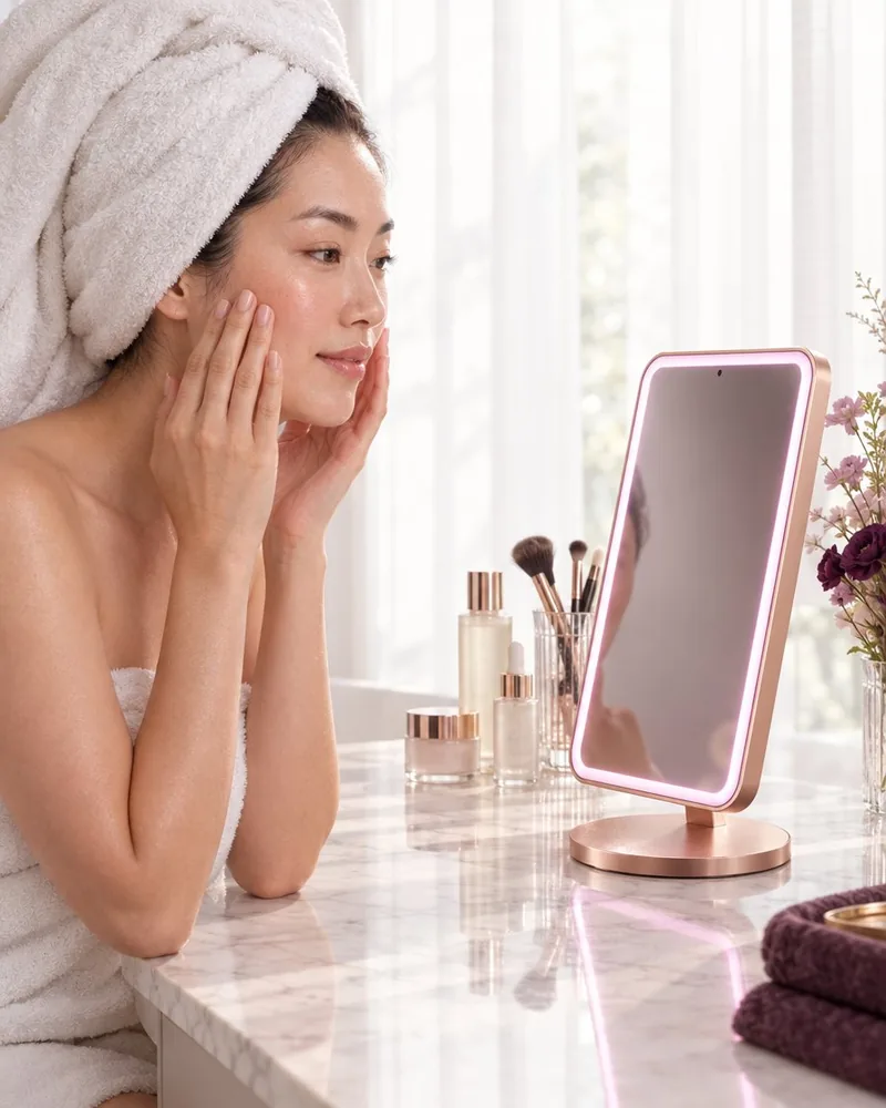 A woman fresh from the shower using Aurae on her vanity