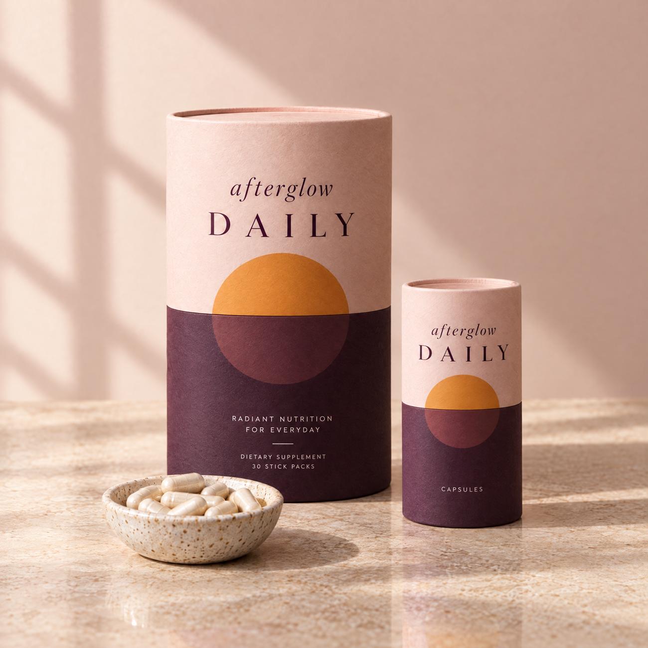 afterglow DAILY tub next to the capsule bottle
