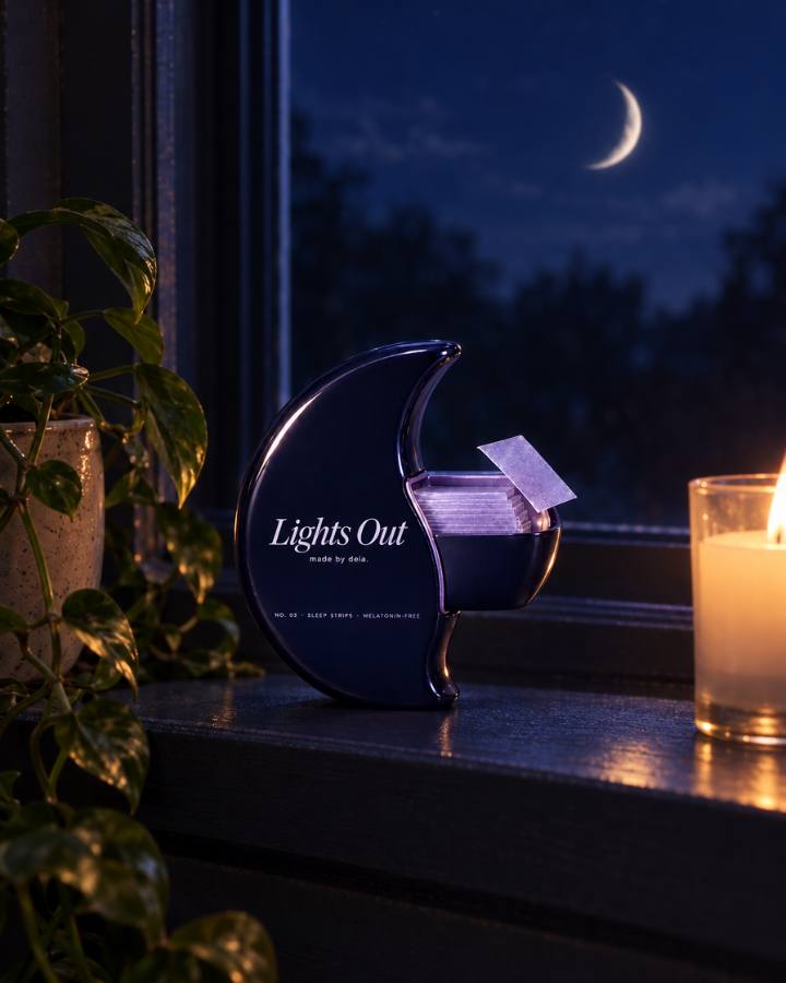 The Lights Out crescent on a windowsill under a real crescent moon